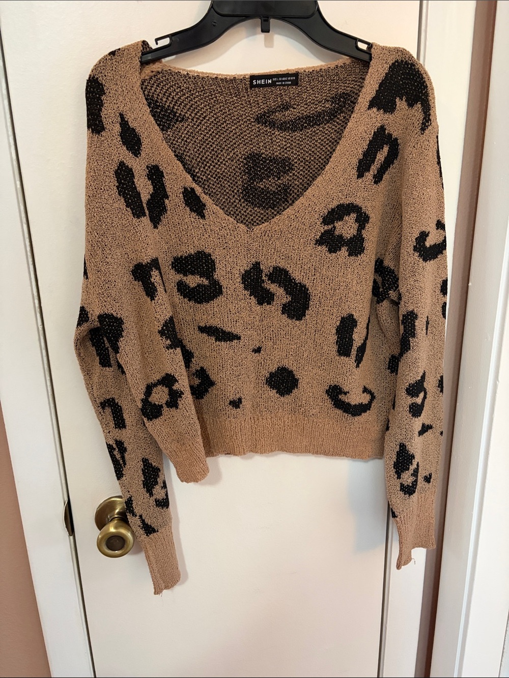 SHEIN Tan and Black Leopard V-Neck Sweater